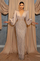 Classy V-Neck Evening Dress with Long Sleeves and Beadings